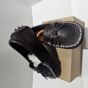 Brown Leather Moccasins with White Stitching